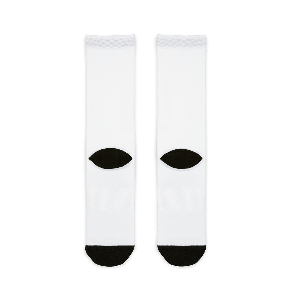 Outlanders Sublimation Crew Socks — White Athletic Crew Socks with Black Toe & Heel