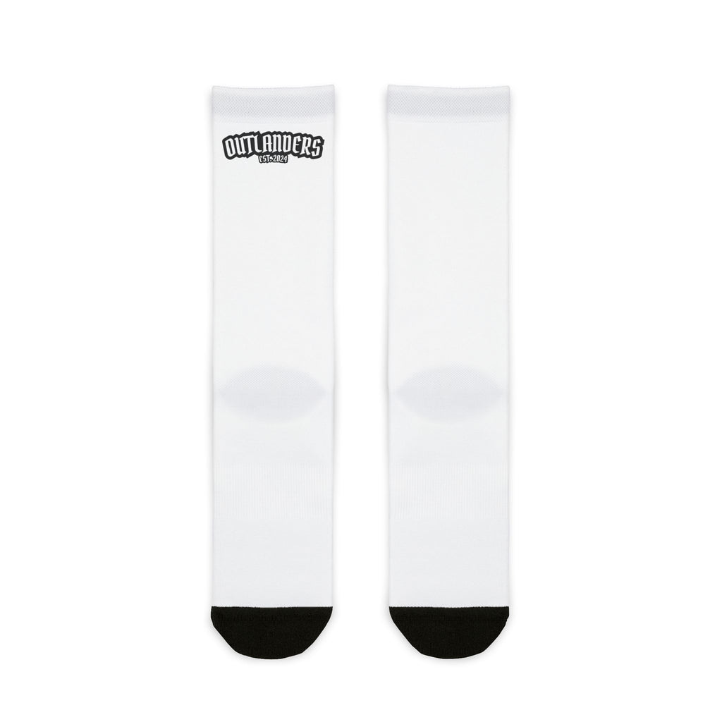 Outlanders Sublimation Crew Socks — White Athletic Crew Socks with Black Toe & Heel