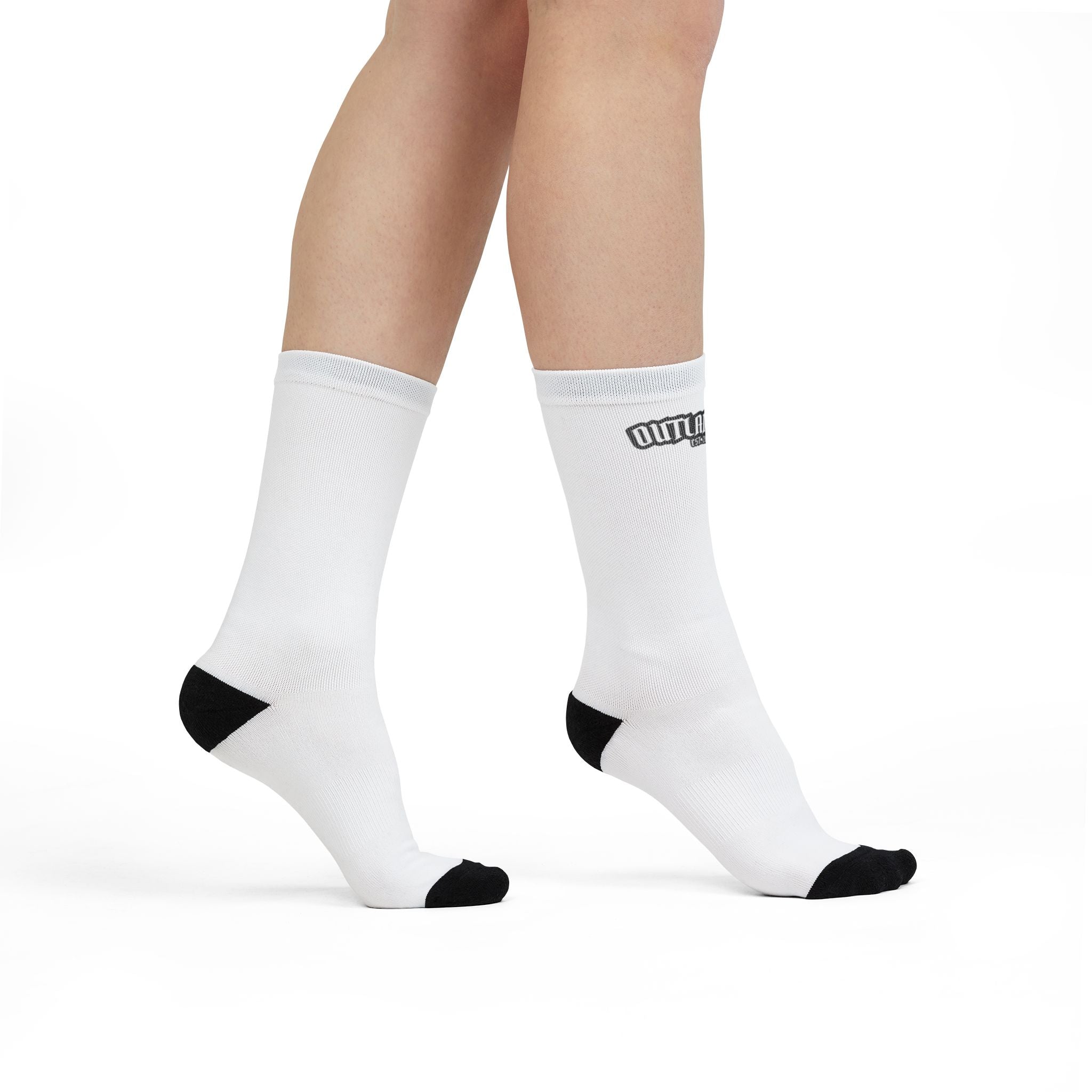 Outlanders Sublimation Crew Socks — White Athletic Crew Socks with Black Toe & Heel